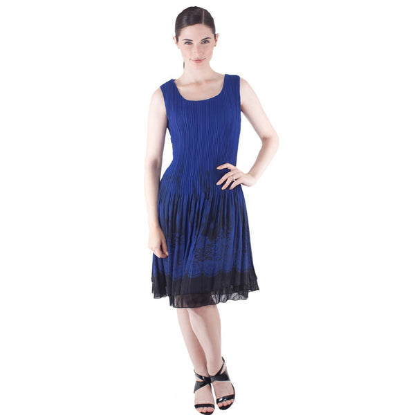 Sleeveless Lace Border Print Crinkle Dress - Sapphire Blue